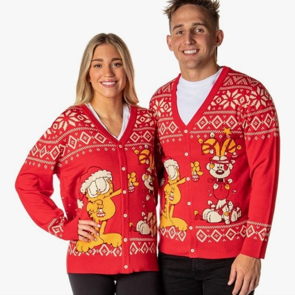 Garfield Ugly Christmas Sweater Cardigan Odie Dog Cat Santa Holiday Size Small